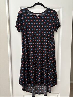 LuLaRoe Black Swing Carly Dress with Red & Blue Heart Print 4th of July size S
